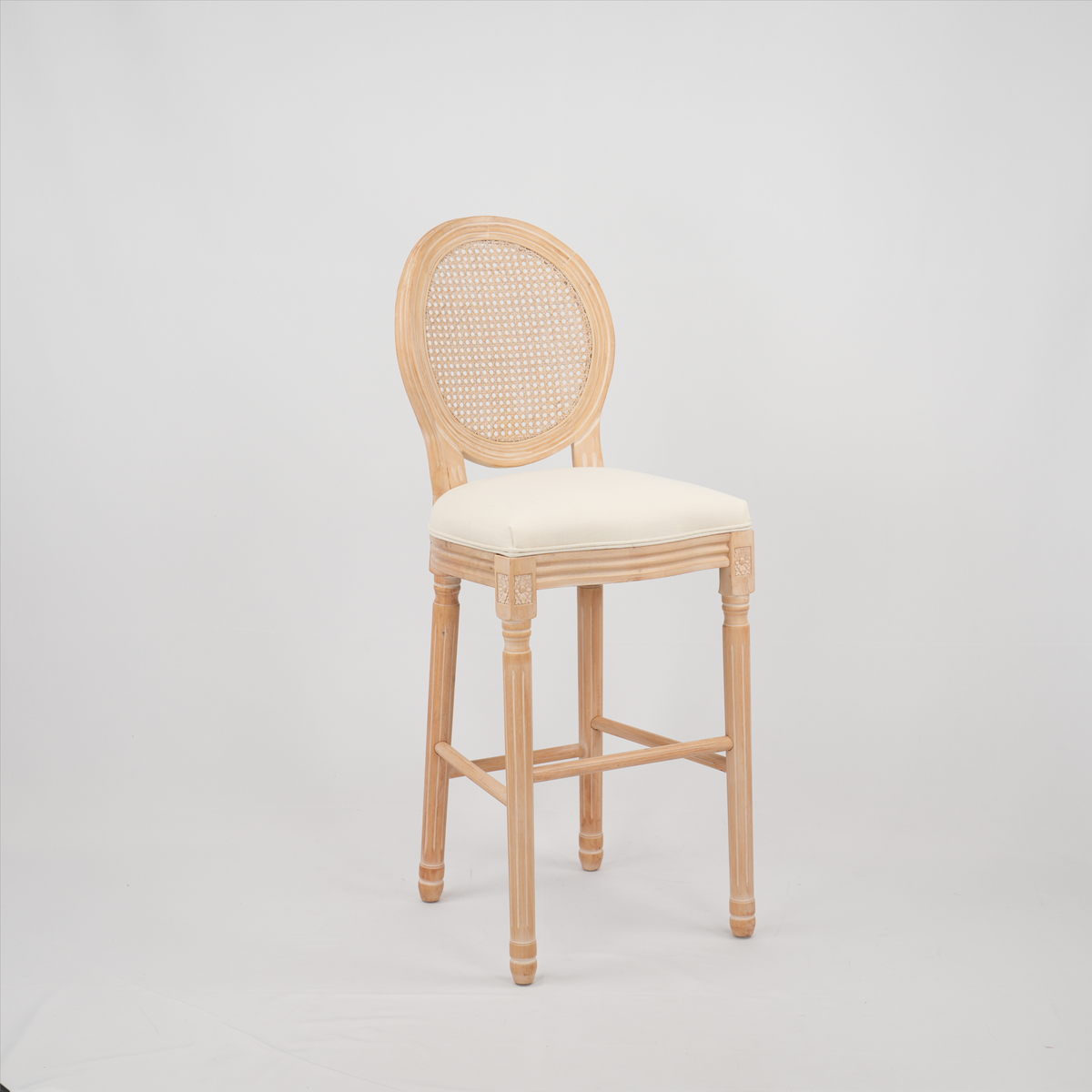 Hengming French Country Wooden Barstools Rattan Back With Upholstered Seating , Beige and Natural