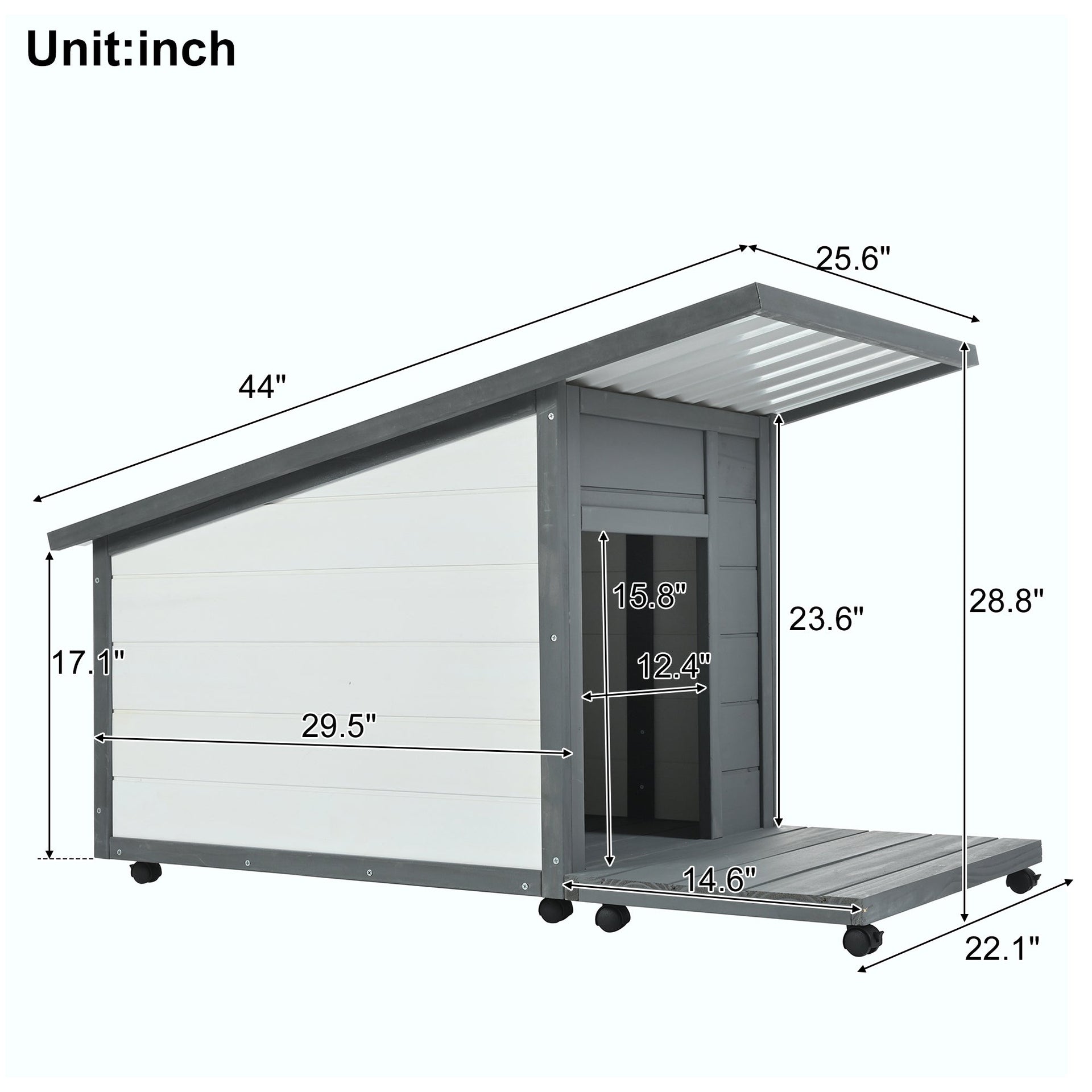 Modern Design Outdoor Dog House with Food Bowl and Wheels, Grey Pine, 44.1 x 22.1 x 28.8 inches