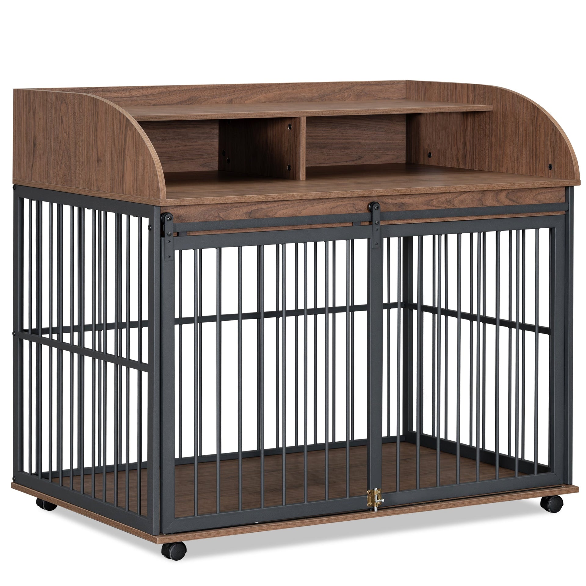 44'' Heavy Duty Large Dog Crate Furniture for Large Medium Dog with Lockable Wheels, Wooden Dog Crate Dog Kennel, End Table Crate with Double layer storage, Brown