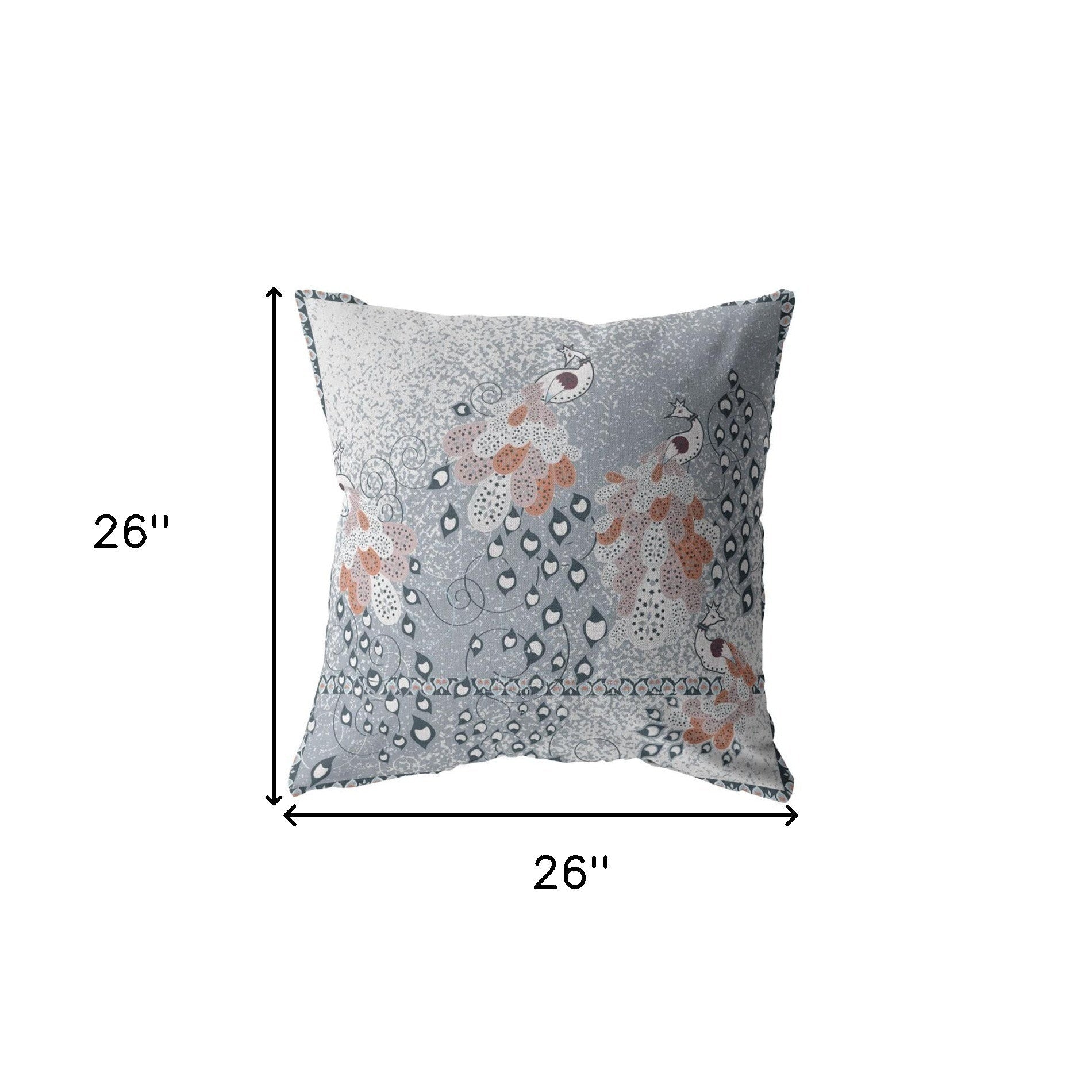 18” Gray Orange Boho Bird Indoor Outdoor Throw Pillow
