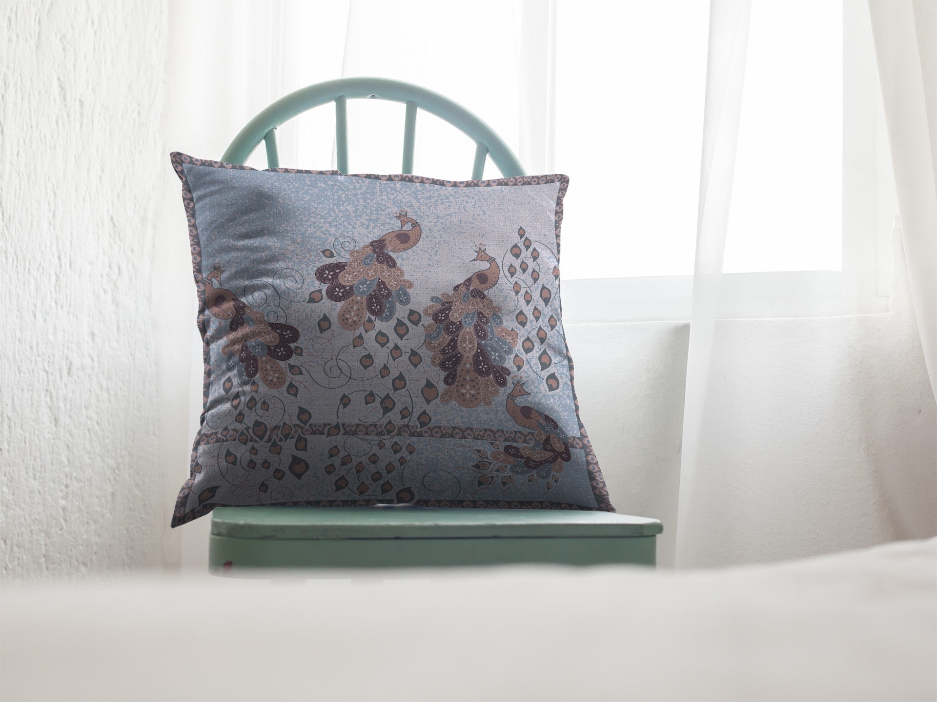 16” Blue Brown Boho Bird Indoor Outdoor Zippered Throw Pillow