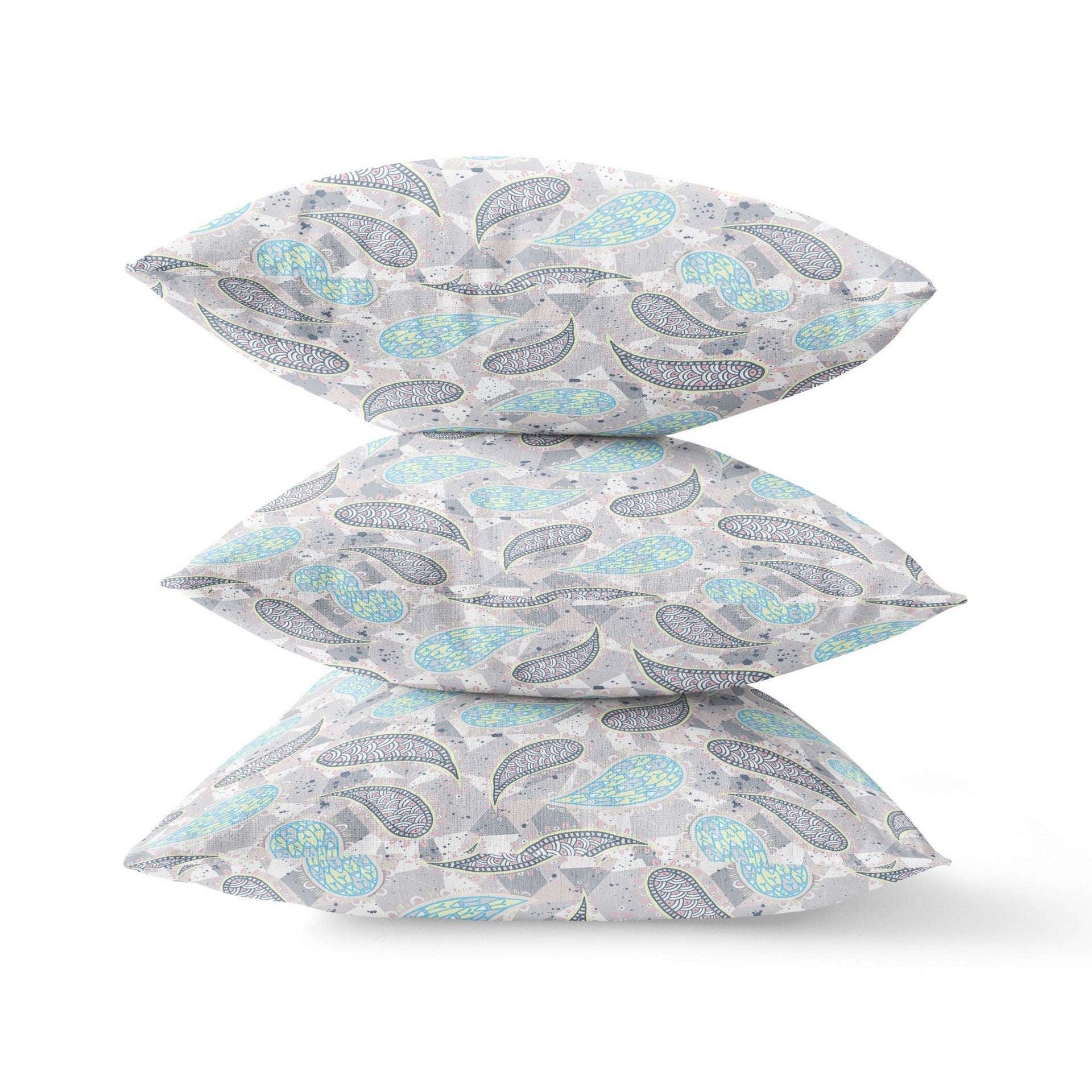 16?ǥ Gray Turquoise Boho Paisley Indoor Outdoor Throw Pillow