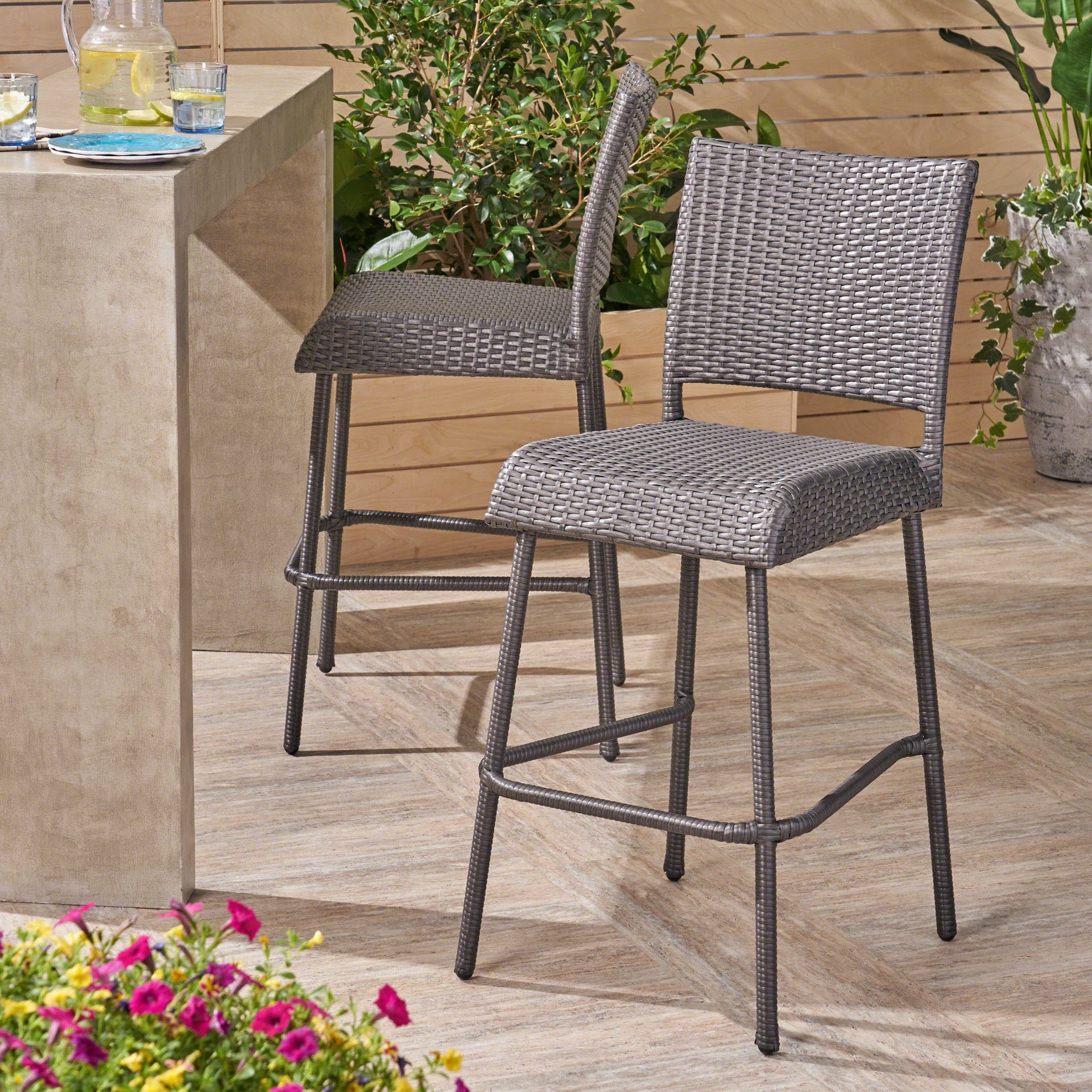 29' Outdoors PE Rattan Armless Barstools, Set of 2, Grey