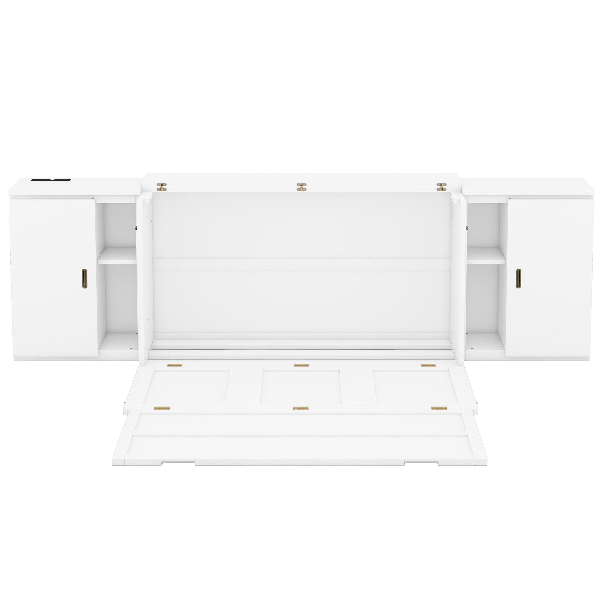 Queen Size Murphy Bed with Shelves, Cabinets and USB Ports,White