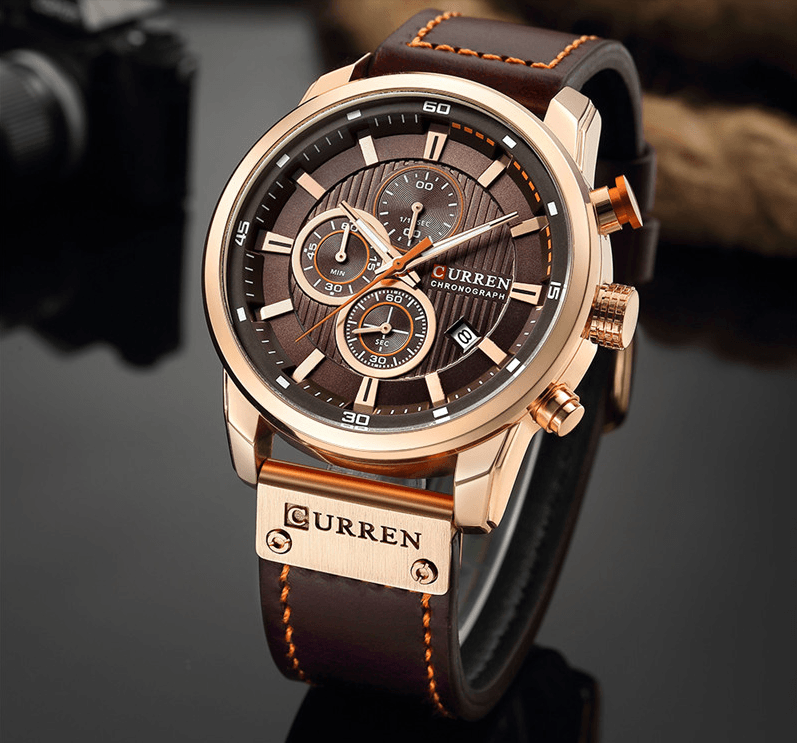 Men's Waterproof Elegant Sport Watch With Chronometers Day View, Leather Belts And Hardlex Scratch Resistant Glass Perfect Gift For Him