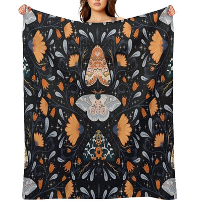 Floral Moths Black Throw Blanket