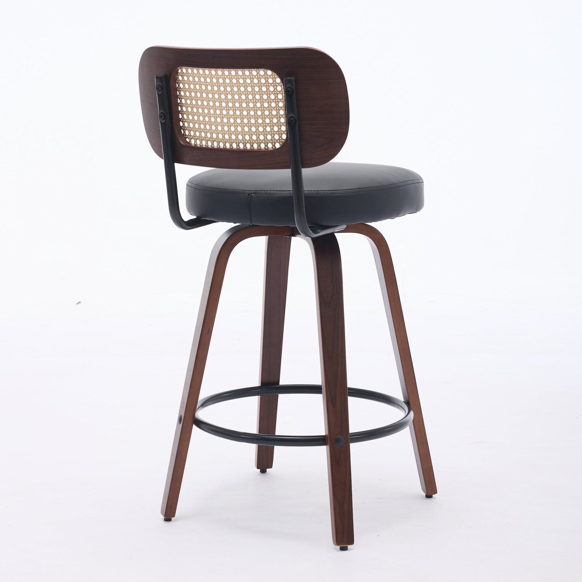 Set of 3 Counter Height Bar Stools - 26 inch Rattan Counter Height Stools with Cane Back, Upholstered Seat, Walnut Craftsmanship, Swivel Counter Stools for Island/Kitchen/Counter/Bar (Walnut /Black)