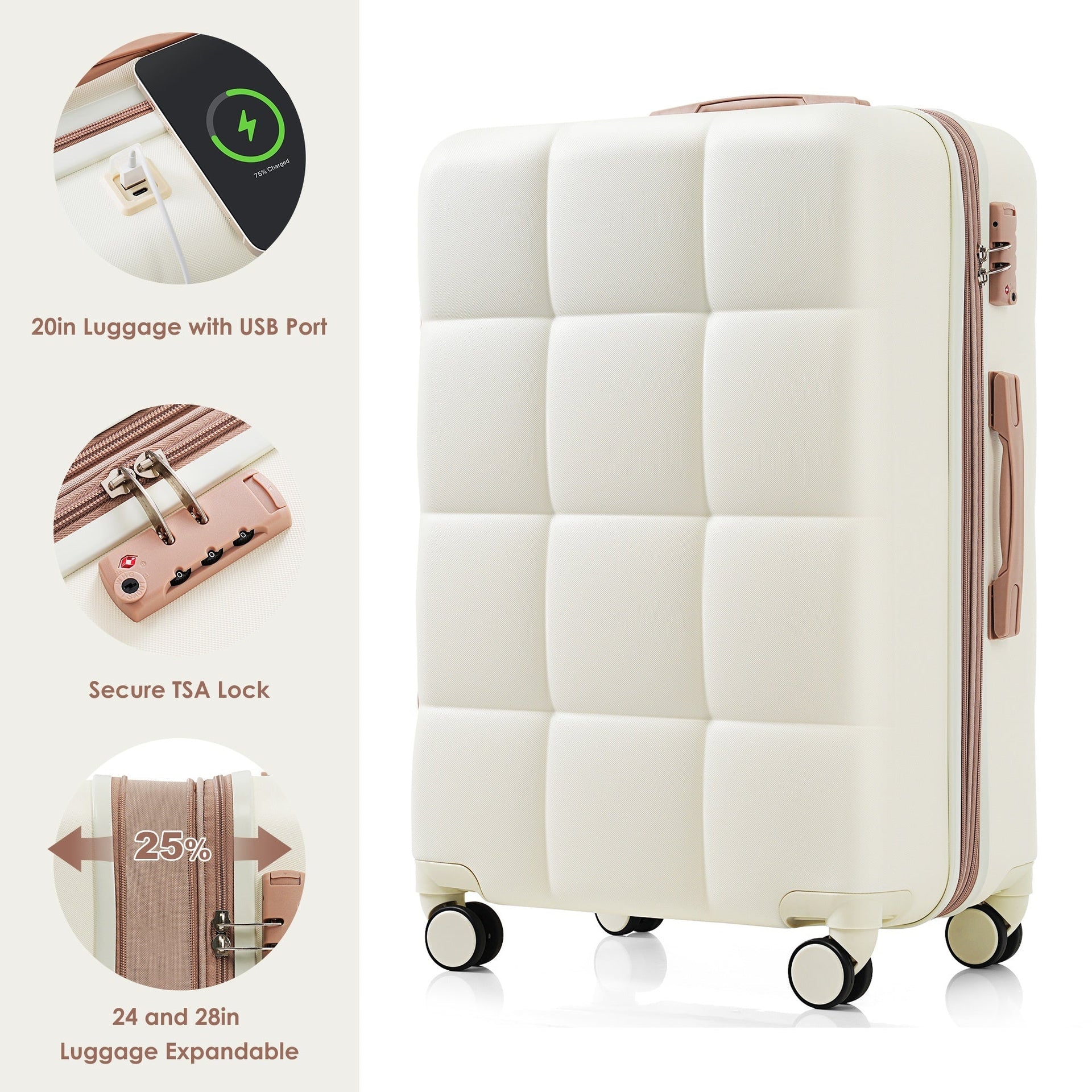 Luggage Sets 4 Piece, 20-inch with USB Port, Expandable ABS Durable Suitcase with Travel Bag, Cup Holder, ABS Hard Shell Luggage with Spinner Wheels, beige