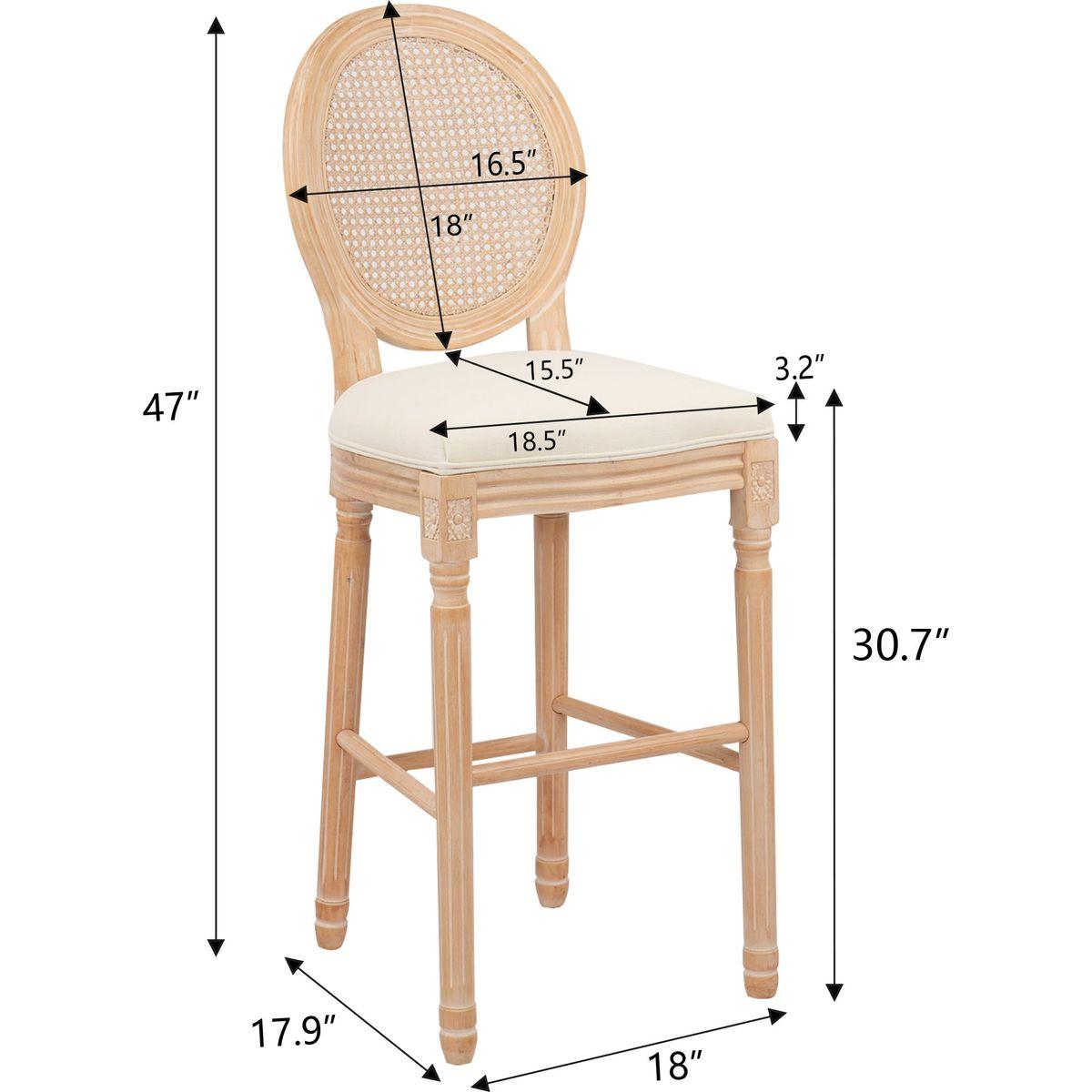 Hengming French Country Wooden Barstools Rattan Back With Upholstered Seating , Beige and Natural
