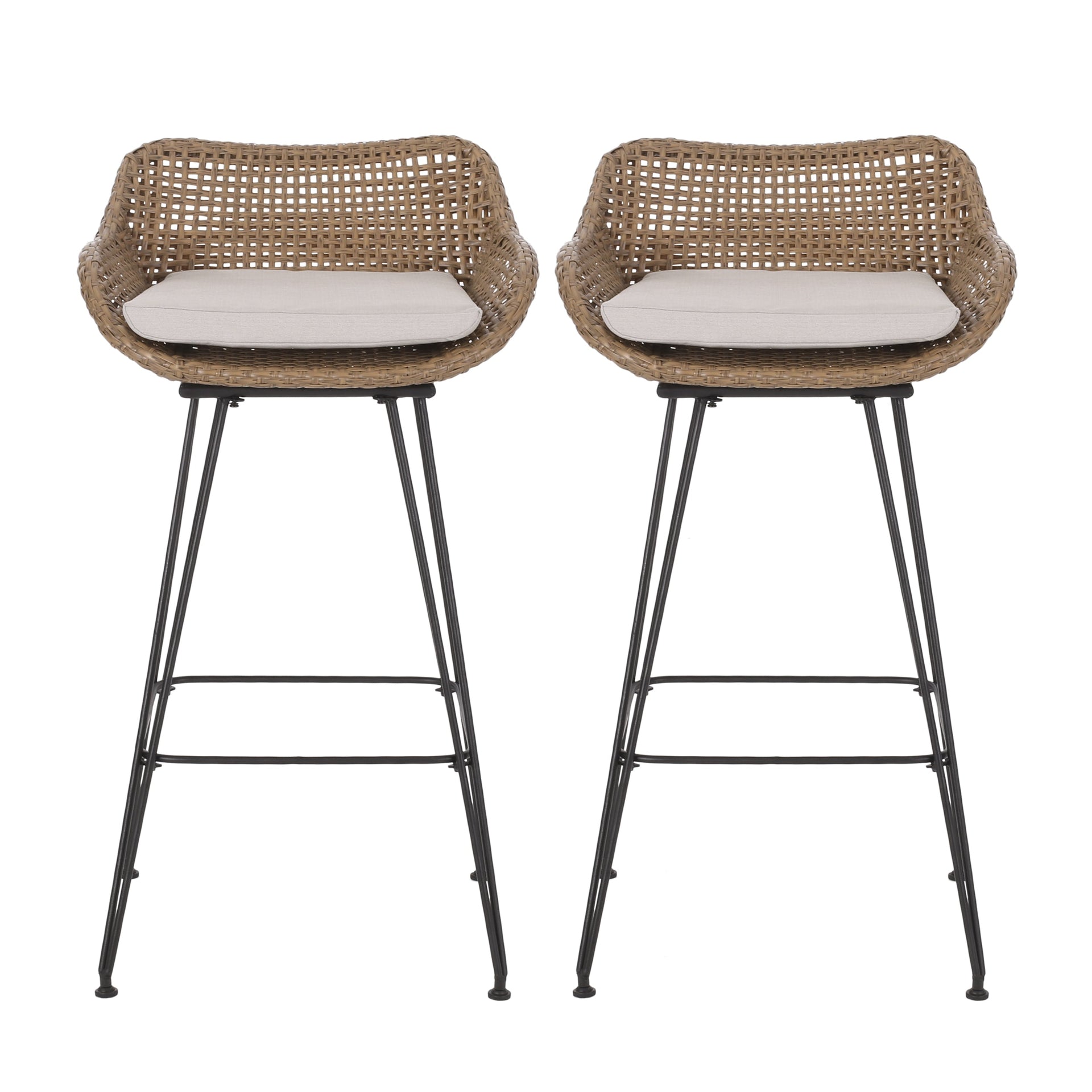 29.25' Outdoor Wicker and Iron Low Back Barstools, Light Brown, with Beige Cushion (Set of 2)