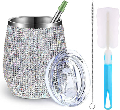 12oz Diamond Wine Tumbler With Sealed Lid Vacuum Thermo Beer Mug Cup Stainless Steel Mug Cup Champagne Party Bridemaid Gift
