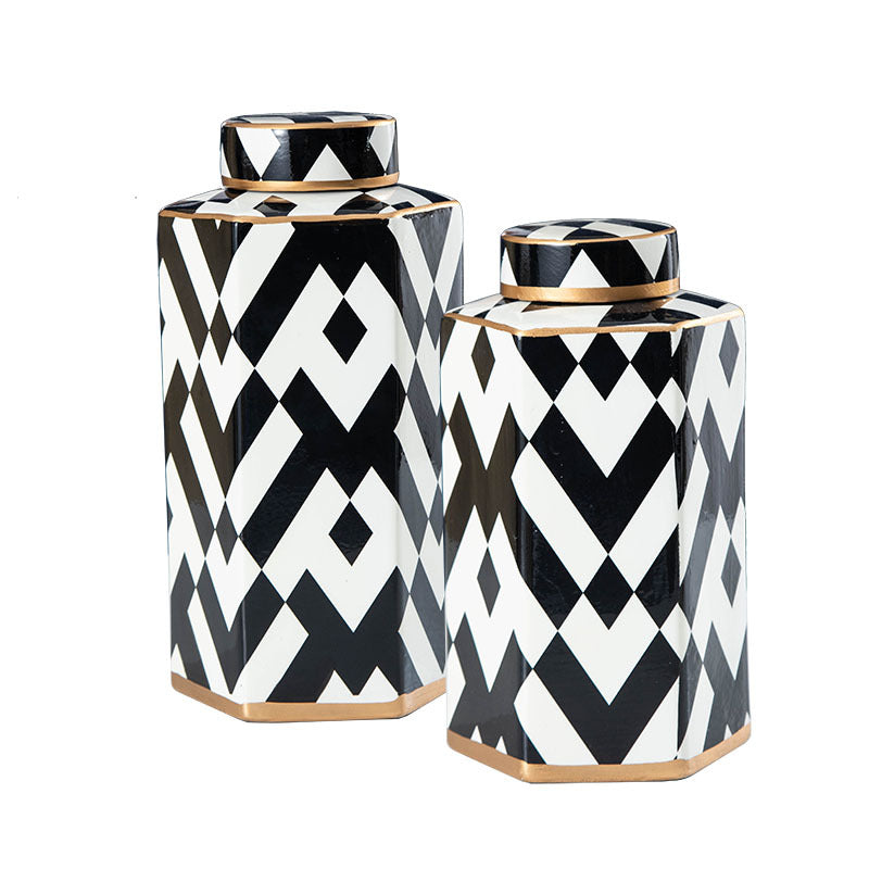 Geometric Black and White Striped Storage Jar Household Ceramic Candy Sealed Jar Vase Sundries Container Home Decoration