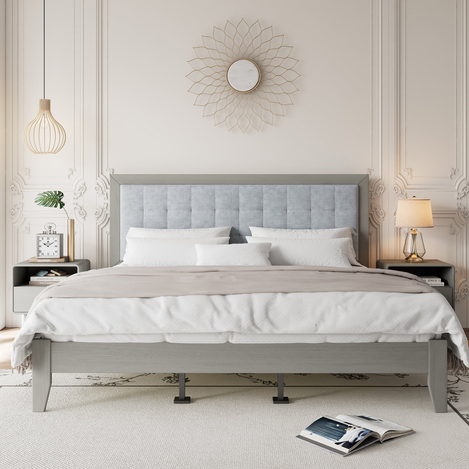 Mid-Century Solid Wood Platform Bed with Upholstered Headboard in Grey Fabric, King Size