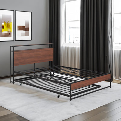 Queen Size Metal Platform Bed Frame with Trundle, USB Ports and Slat Support ,No Box Spring Needed Black