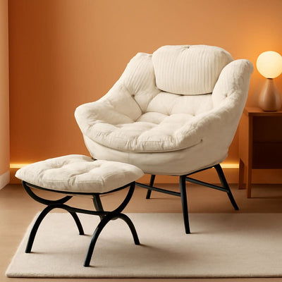 Oversized Corduroy White Reading Chair With Ottoman