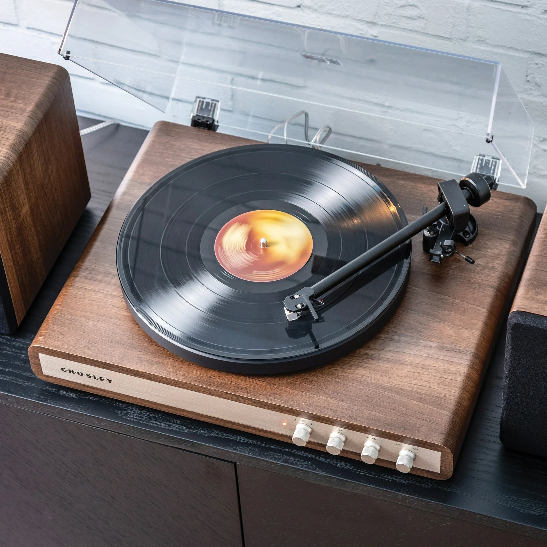 Crosley C65 Record Player with Speakers and Wireless Bluetooth - Audio Turntables (Walnut/Gold)