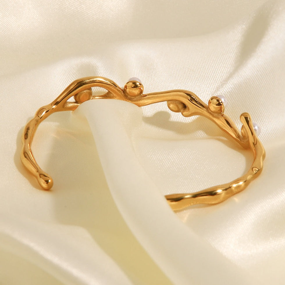 Gold Pearl Open Bangle Bracelet