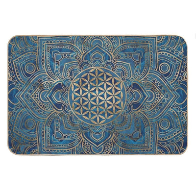 Flower of Life in Lotus Mandala - Blue Marble And Gold Bath Mat