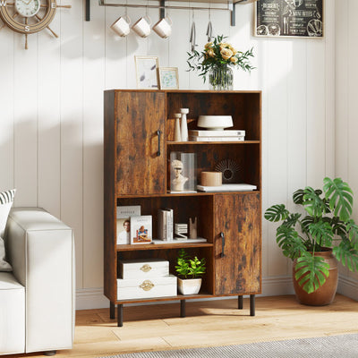 47 Inch Storage Cabinet Freestanding Bookcase with 2 Doors and 4 Open Shelves-Rustic Brown