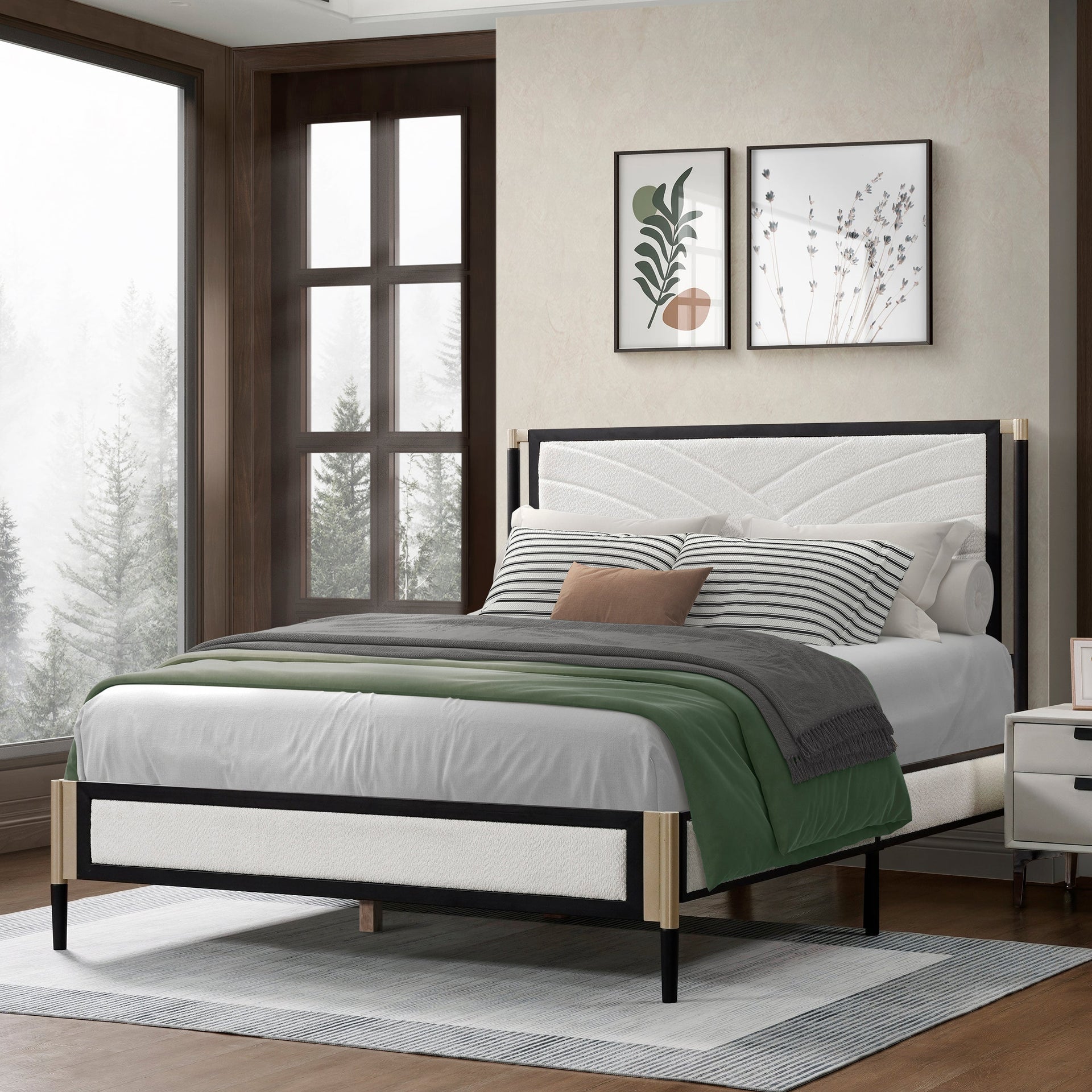 Queen Bed with White Boucle fabric Headboard,Champagne Silver+Black Frame