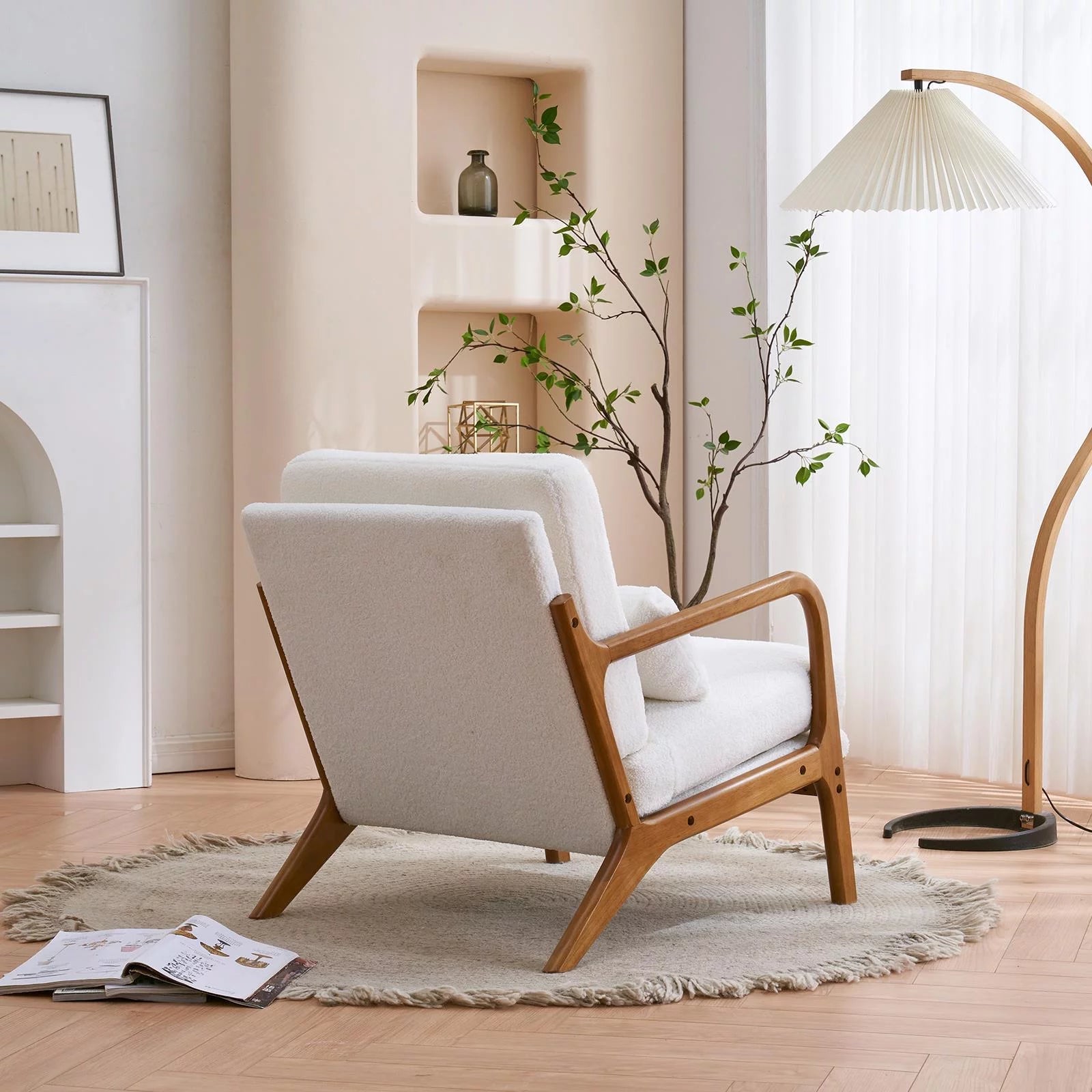 Modern Wood Club Chair Teddy Velvet Fabric Upholstered Reading Accent Chair with Solid Wood Frame Beige