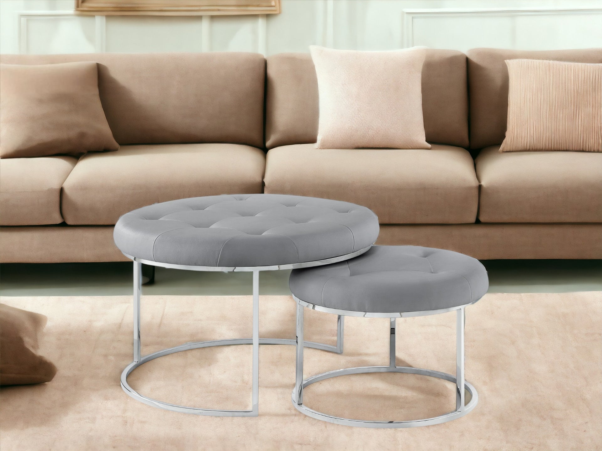 Set of Two Blush Velvet and Gold Tufted Round Ottoman