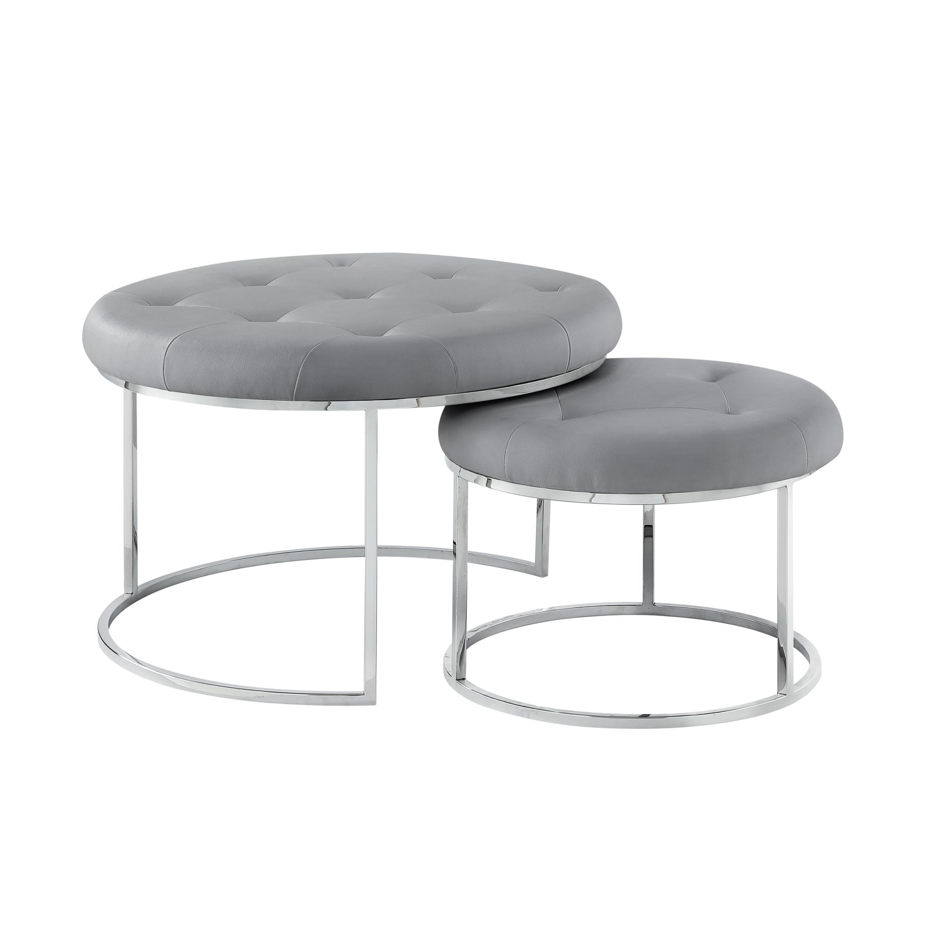 Set of Two Blush Velvet and Gold Tufted Round Ottoman