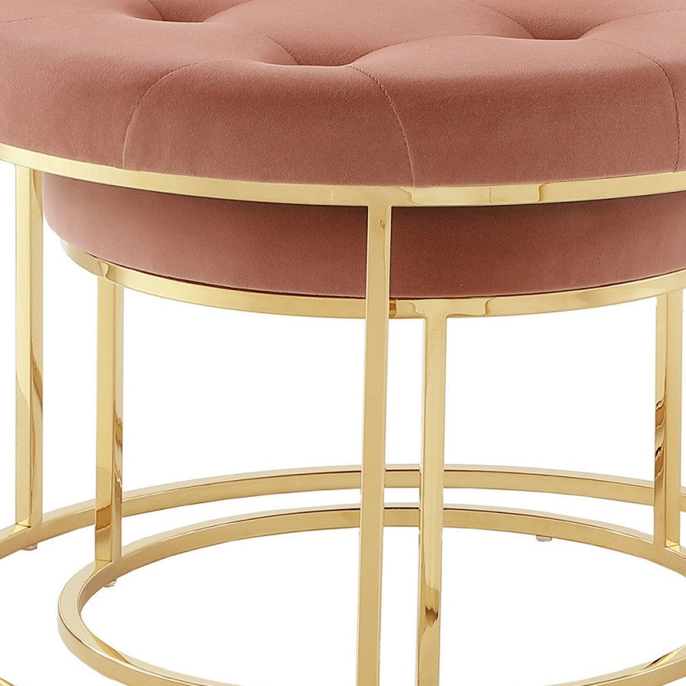 Set of Two Blush Velvet and Gold Tufted Round Ottoman