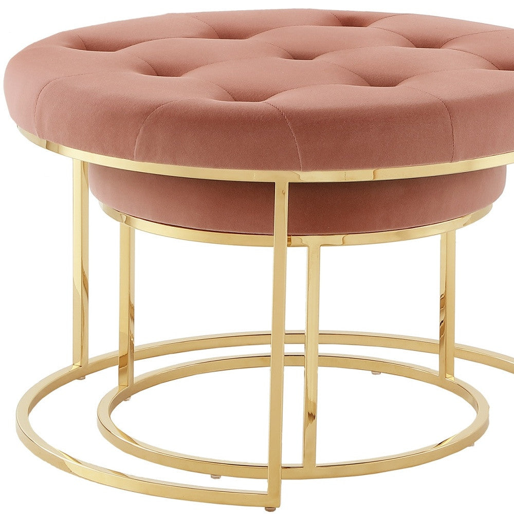 Set of Two Blush Velvet and Gold Tufted Round Ottoman