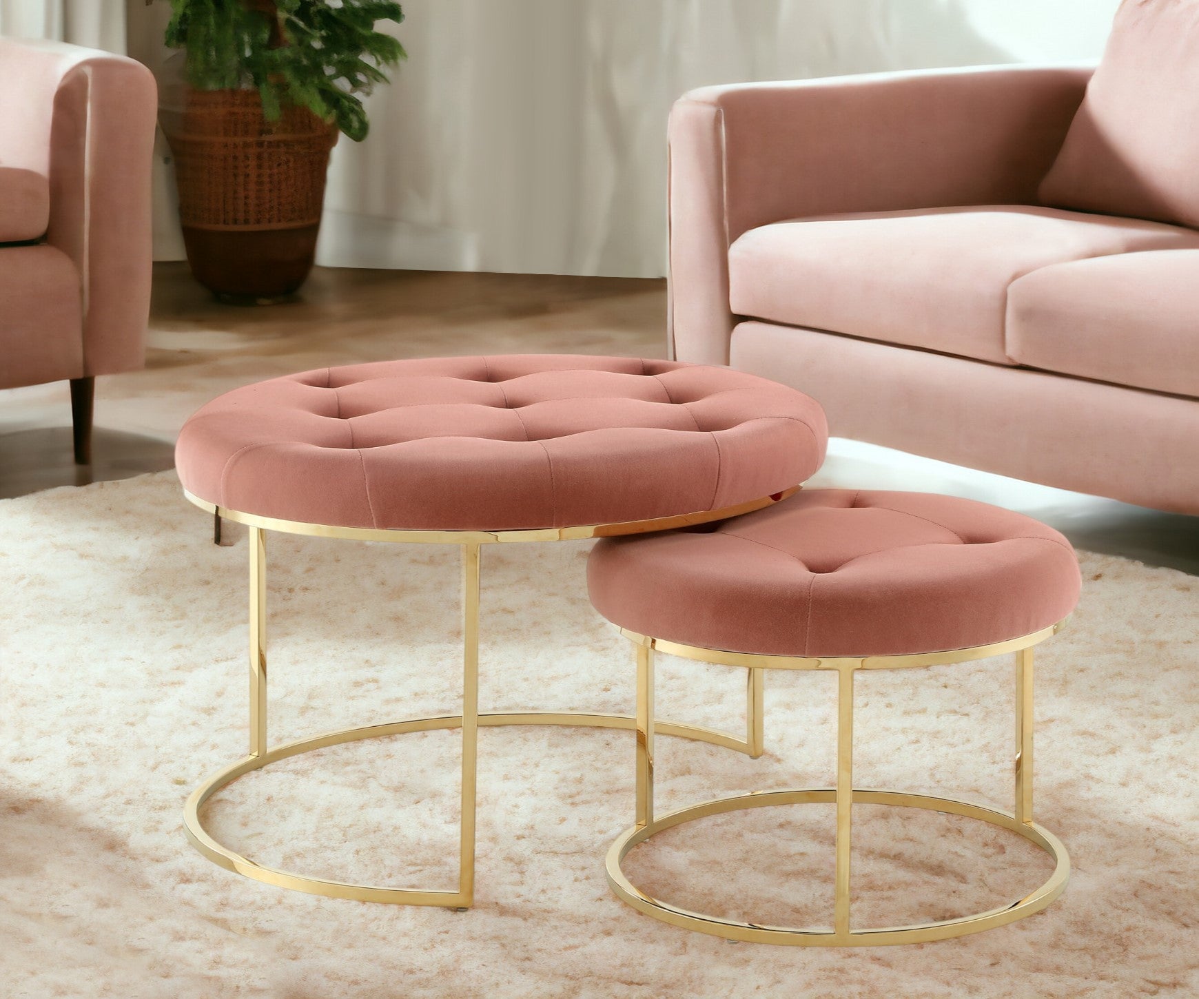 Set of Two Blush Velvet and Gold Tufted Round Ottoman