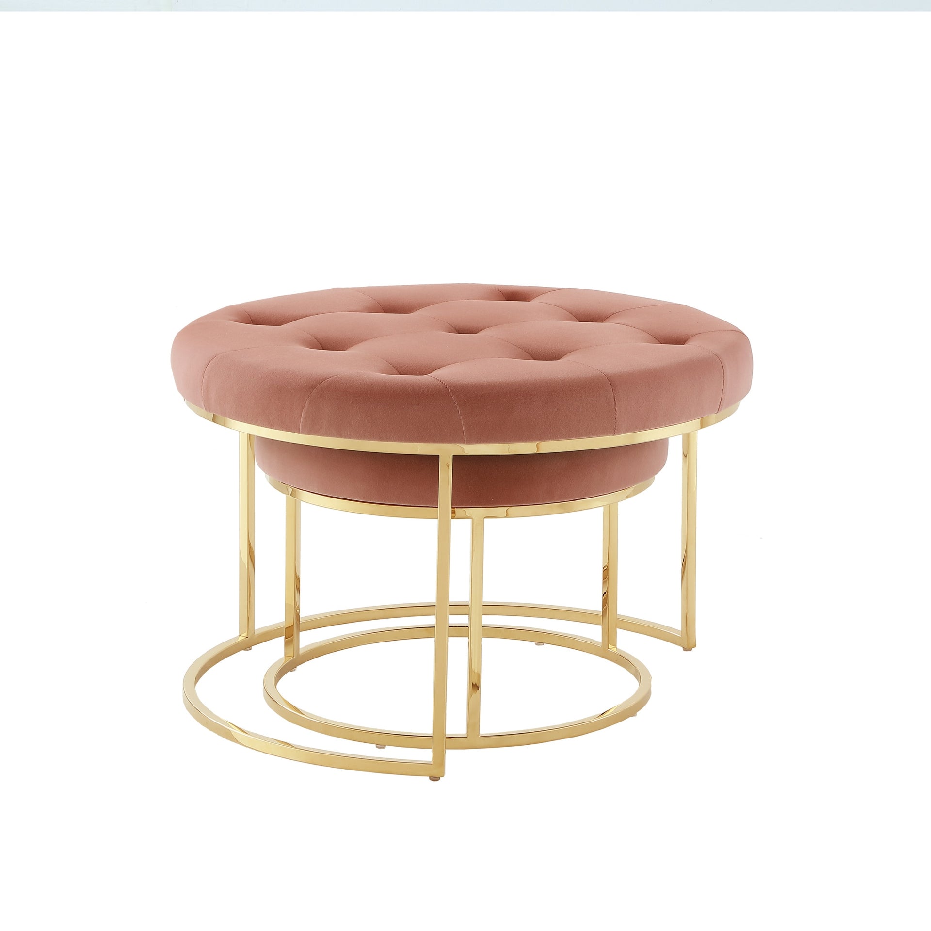Set of Two Blush Velvet and Gold Tufted Round Ottoman