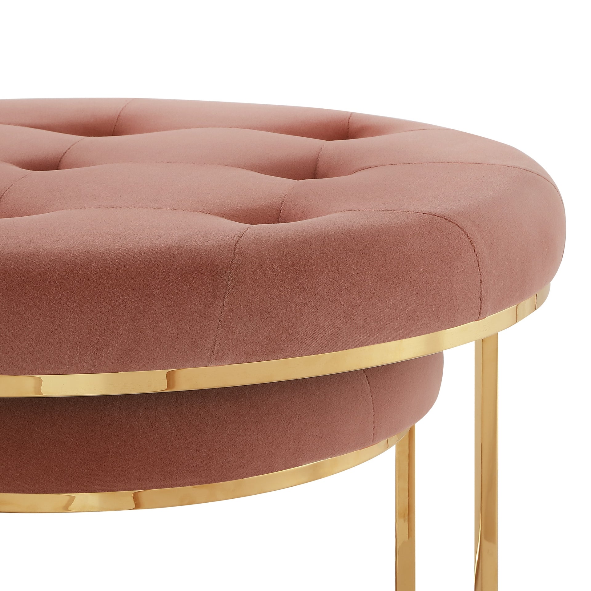 Set of Two Blush Velvet and Gold Tufted Round Ottoman