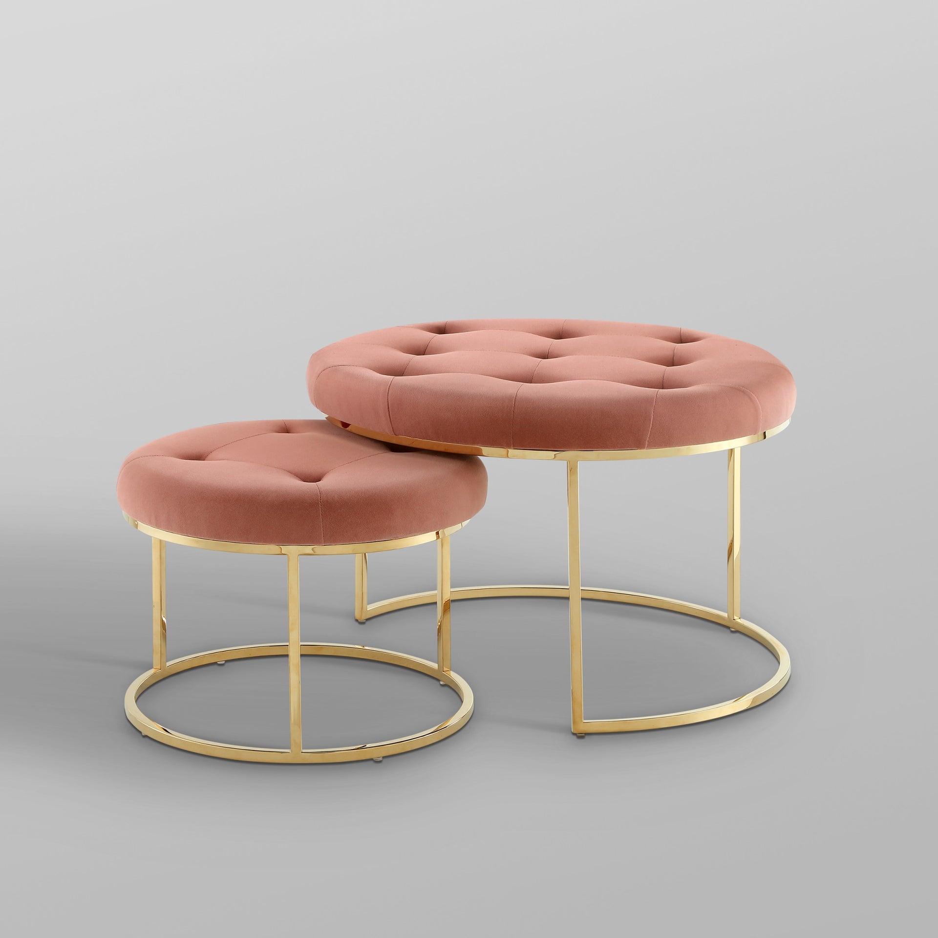 Set of Two Blush Velvet and Gold Tufted Round Ottoman