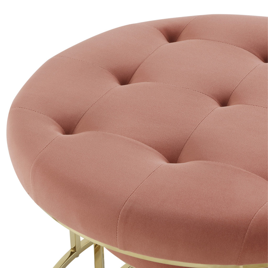 Set of Two Blush Velvet and Gold Tufted Round Ottoman
