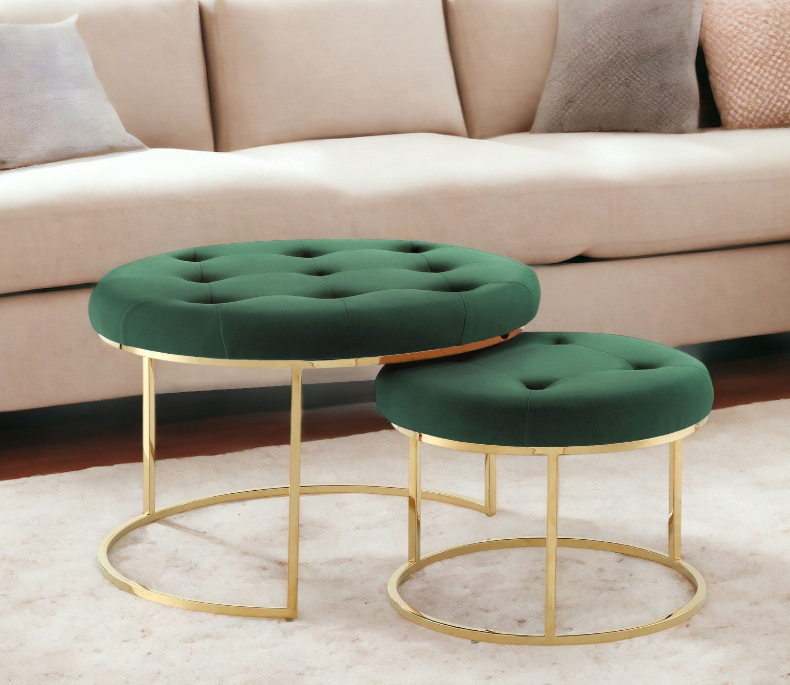 Set of Two Blush Velvet and Gold Tufted Round Ottoman