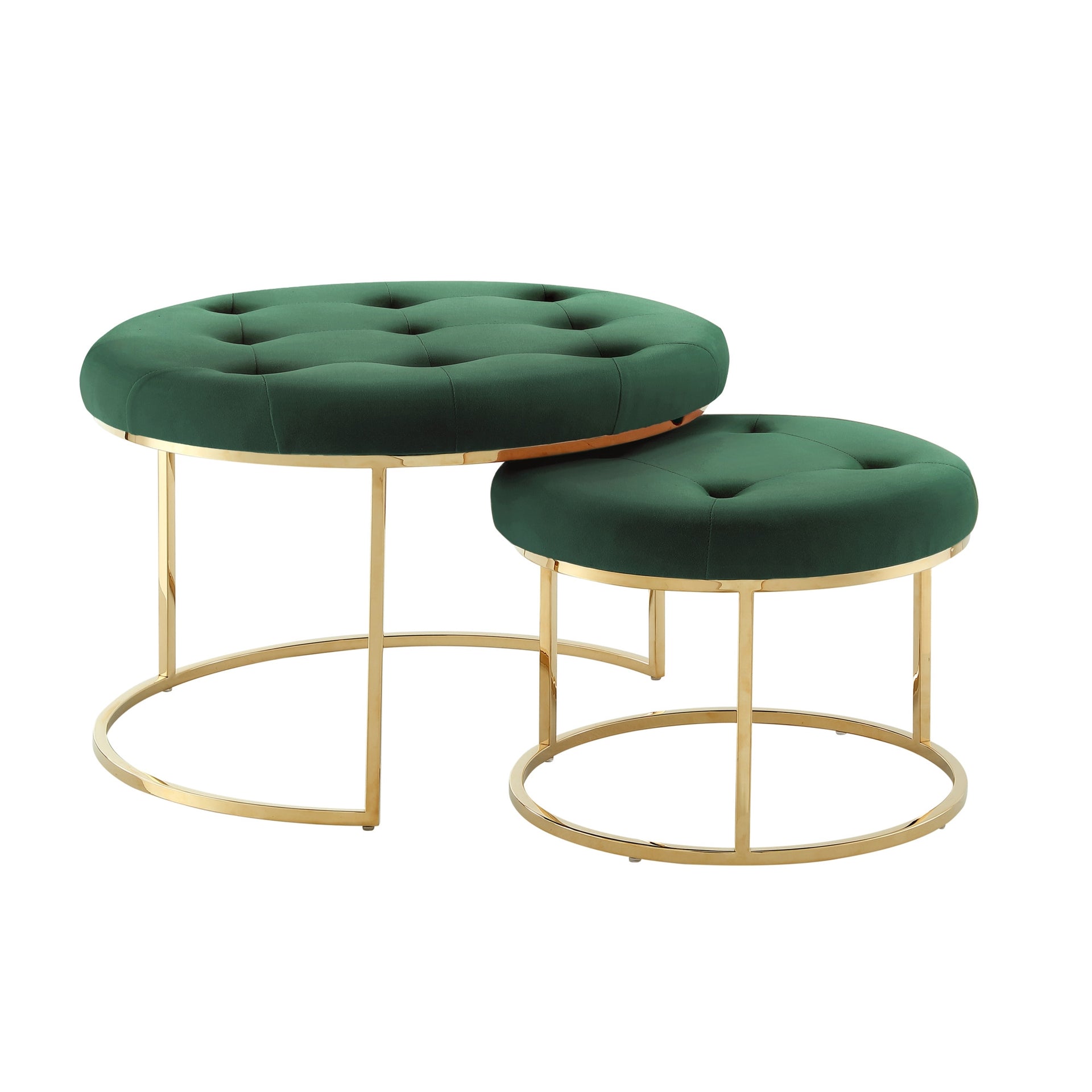 Set of Two Blush Velvet and Gold Tufted Round Ottoman