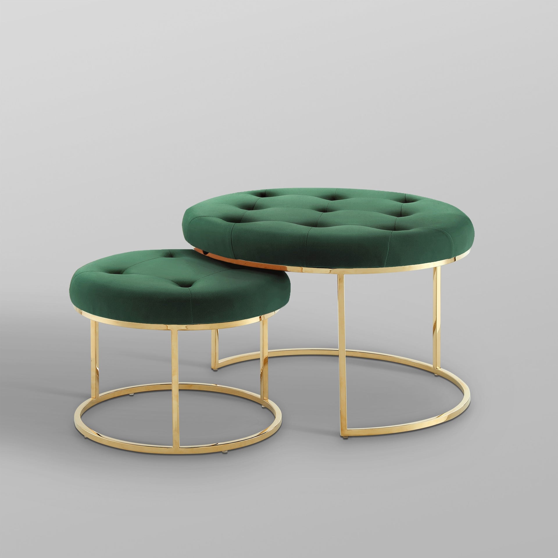 Set of Two Blush Velvet and Gold Tufted Round Ottoman