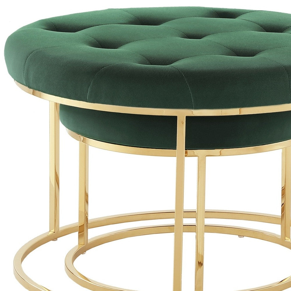 Set of Two Blush Velvet and Gold Tufted Round Ottoman