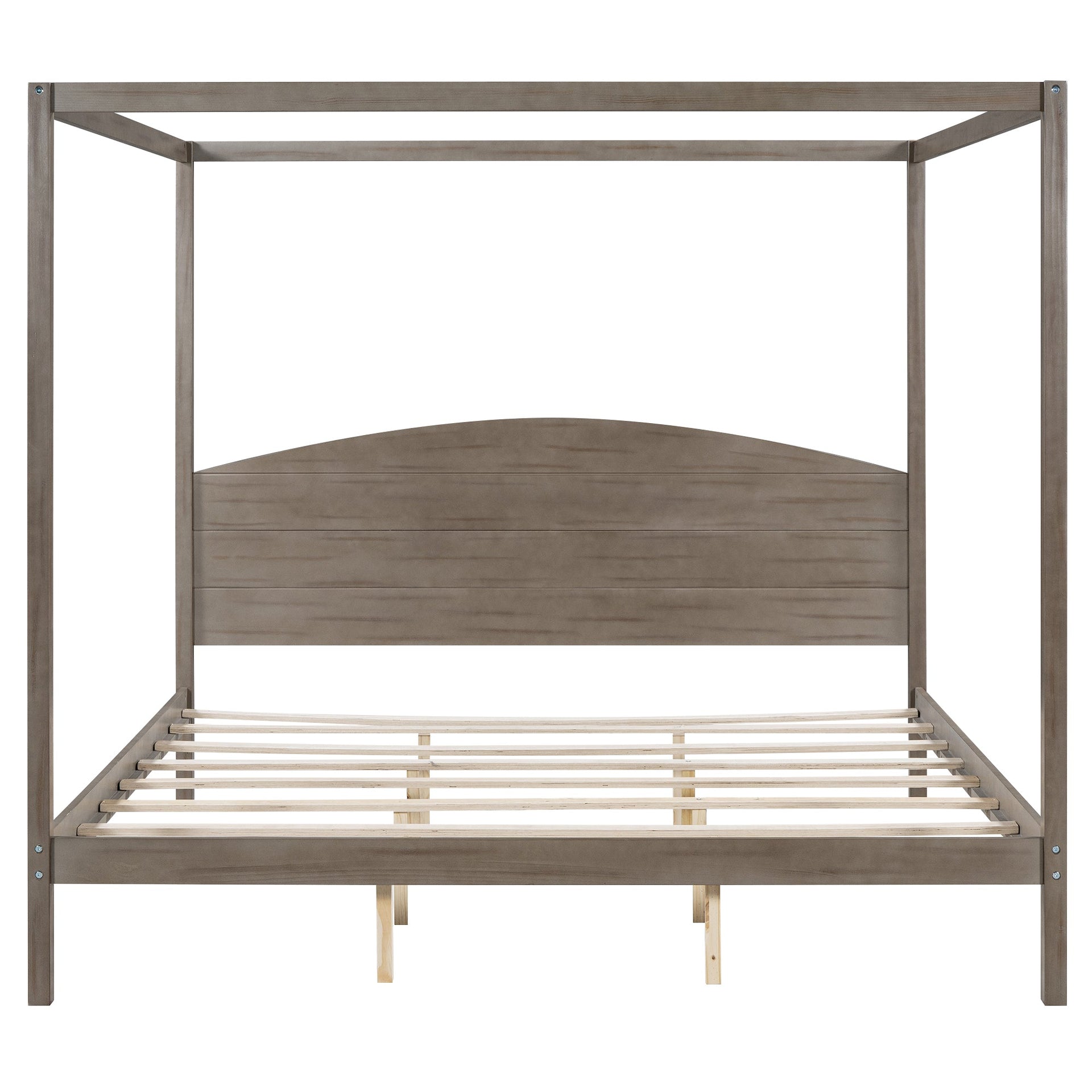 King Size Canopy Platform Bed with Headboard and Support Legs, Brown Wash