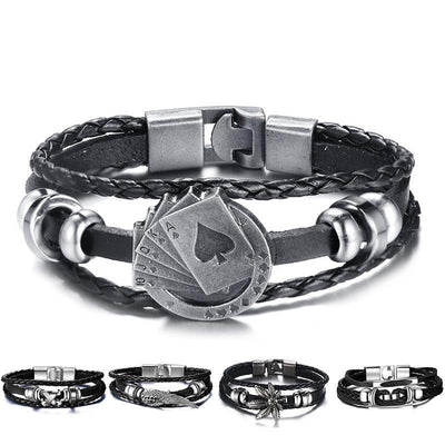 Lucky Vintage Men's Leather Bracelet Playing Cards Charm Multilayer Braided Men and Women Gift