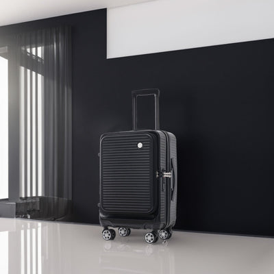 Carry-on Luggage 20 Inch Front Open Luggage Lightweight Suitcase with Front Pocket and USB Port, 1 Portable Carrying Case Black