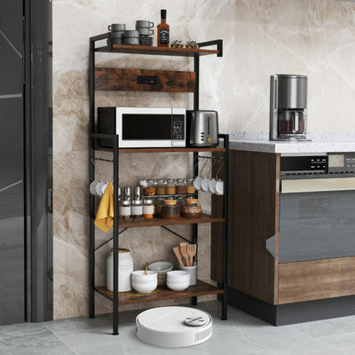 4-Tier Kitchen Bakers Rack with Power Outlet and 8 Hooks-Rustic Brown