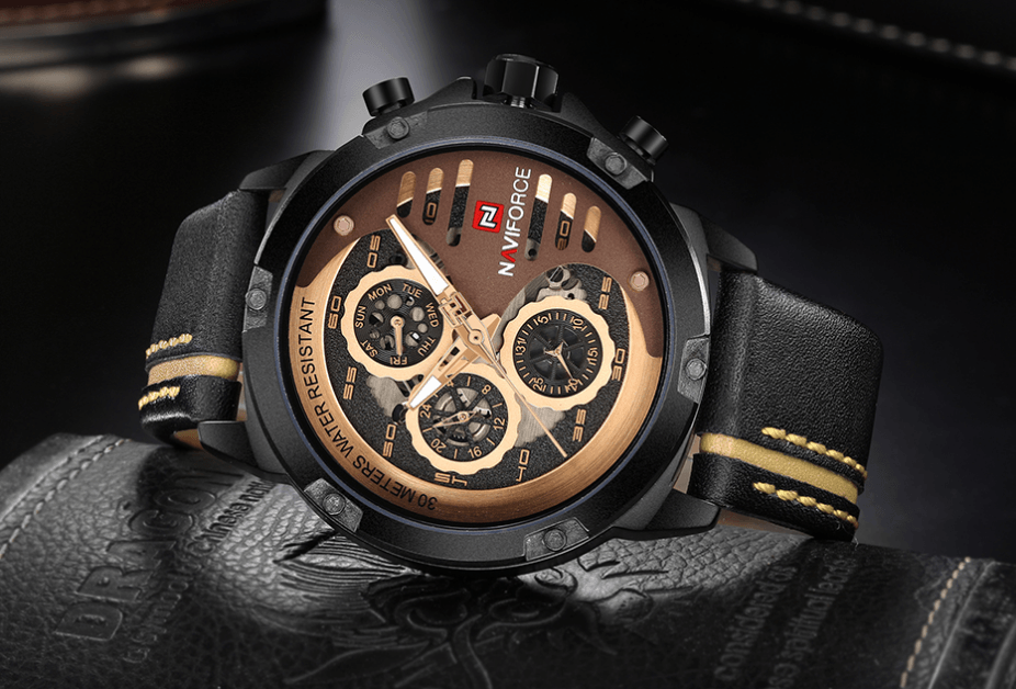 Men's Sports Waterproof Watch With Chronometers And Leather Belt Multifunction Wristwatch Unique Design Perfect Gift