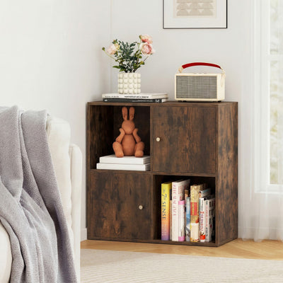 4-Cube Bookcase 3-Tier Bookshelf with Dual Anti-Tipping Kits and 2 Cabinets-Brown