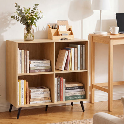 4-Cube Wooden Bookshelf Bookcase with 5 Metal Legs for Home-Natural