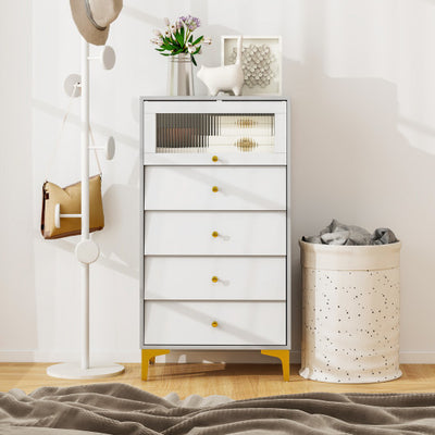 4 Drawer Modern Storage Cabinet with Flip Up Fluted Glass Door-Gray and White