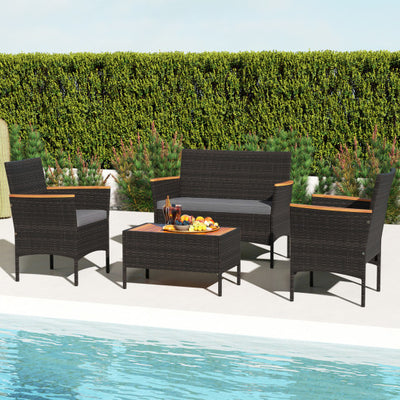 4 Piece Patio Wicker Sofa Set 2 Rattan Chairs and Loveseat with Table-Grey