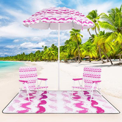 4 Pieces Beach Umbrella Set with 2 Foldable Chairs and Picnic Blanket-Pink