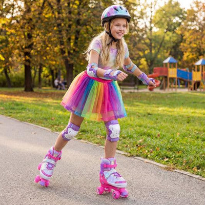 4 Sizes Adjustable Kids Roller Skates for Toddlers Ages 9-14 with 4 Light-up Wheels-Pink