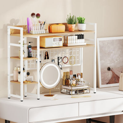 4-Tier Desk Shelf Desktop Display Rack with Metal Grid Panel and 6 Hooks-Natural
